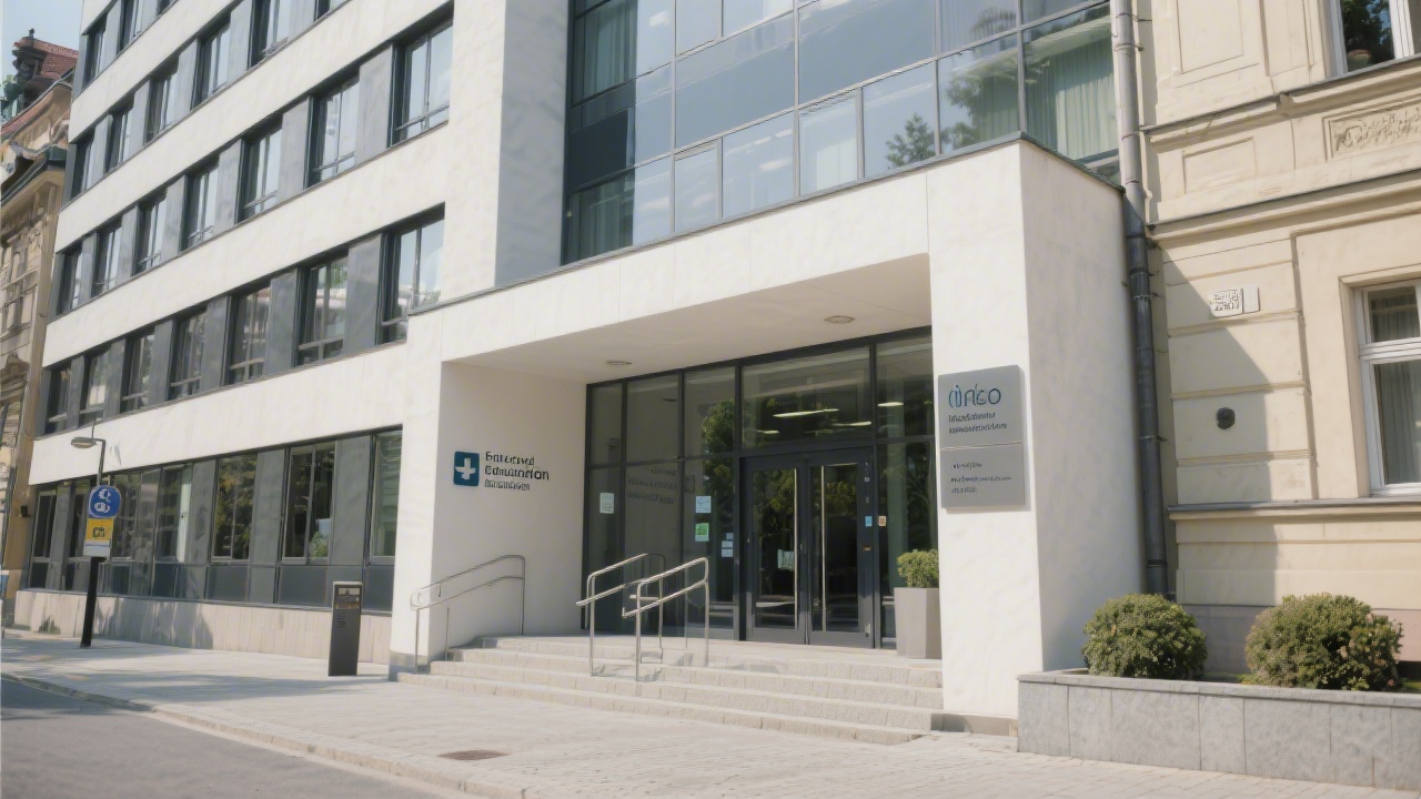 Modern entrance of an education or office building in Prague with minimal signage and clean architecture, indicating a professional and accessible learning location.
