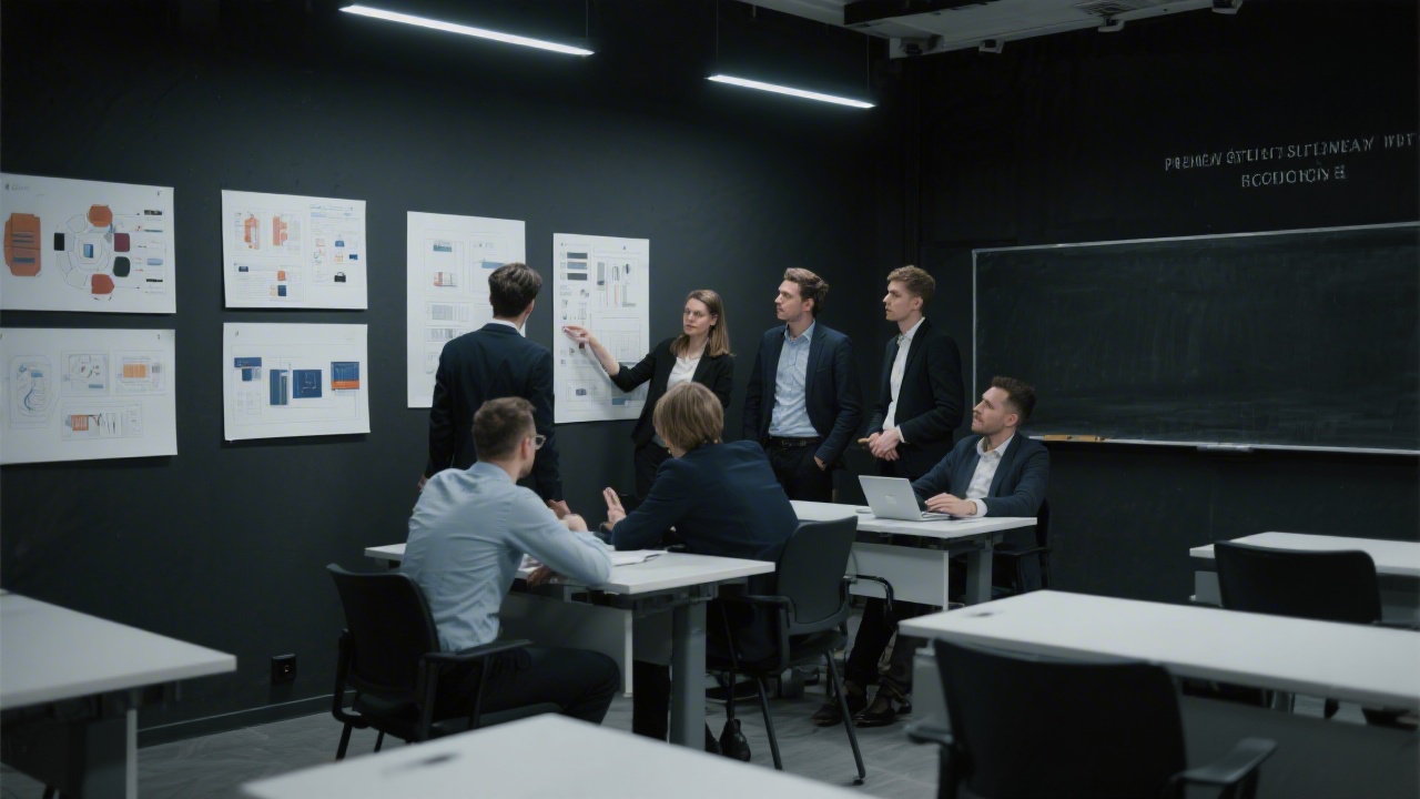 Group of professionals in a Prague classroom setting reviewing design prototypes on a wall, with modern furniture and dark themed interior suitable for premium education.