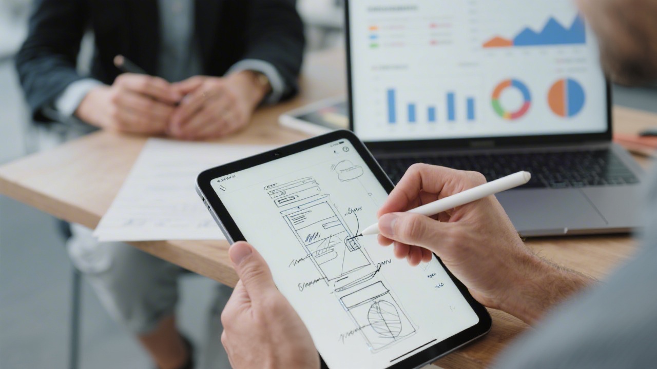 Close-up of a designer sketching interface wireframes on tablet while a marketing specialist reviews performance charts on a laptop, showcasing integrated design and marketing workflow.